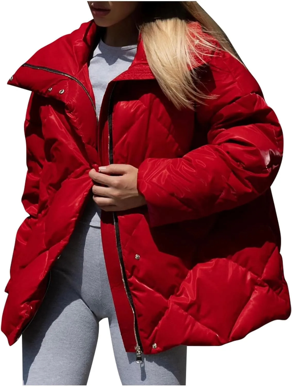 Womens Fall Winter Warm Coats Solid Puffy Bread Jacket Shiny Lapel Down Puffer Jackets Casual Padded Coat