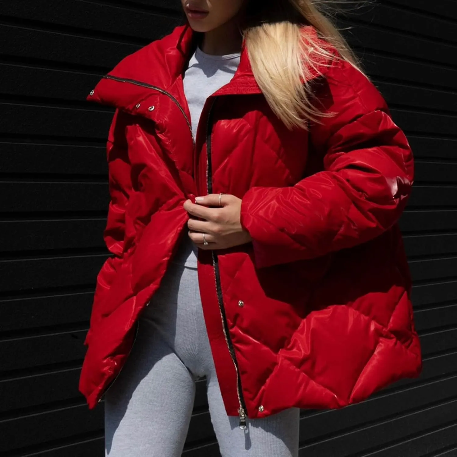 Womens Fall Winter Warm Coats Solid Puffy Bread Jacket Shiny Lapel Down Puffer Jackets Casual Padded Coat