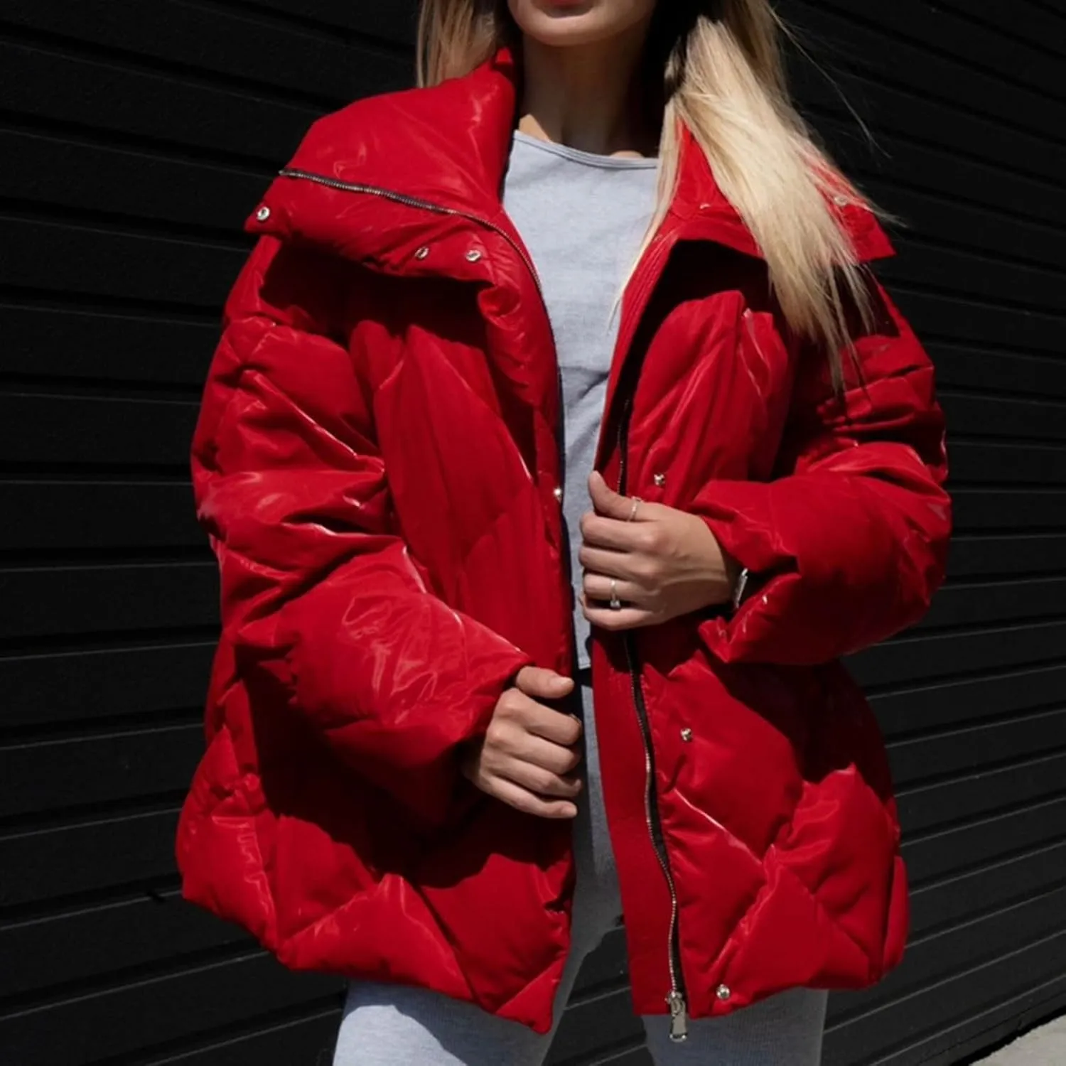 Womens Fall Winter Warm Coats Solid Puffy Bread Jacket Shiny Lapel Down Puffer Jackets Casual Padded Coat
