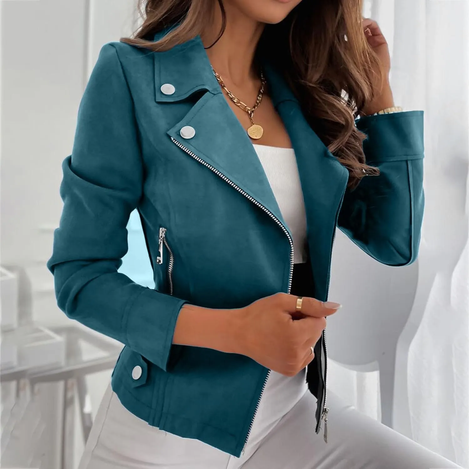 Womens Fashion Fall Outfits Moto Biker Coat Motorcycle Jackets Business Blazers Jackets Slim Fit Long Sleeve Jackets