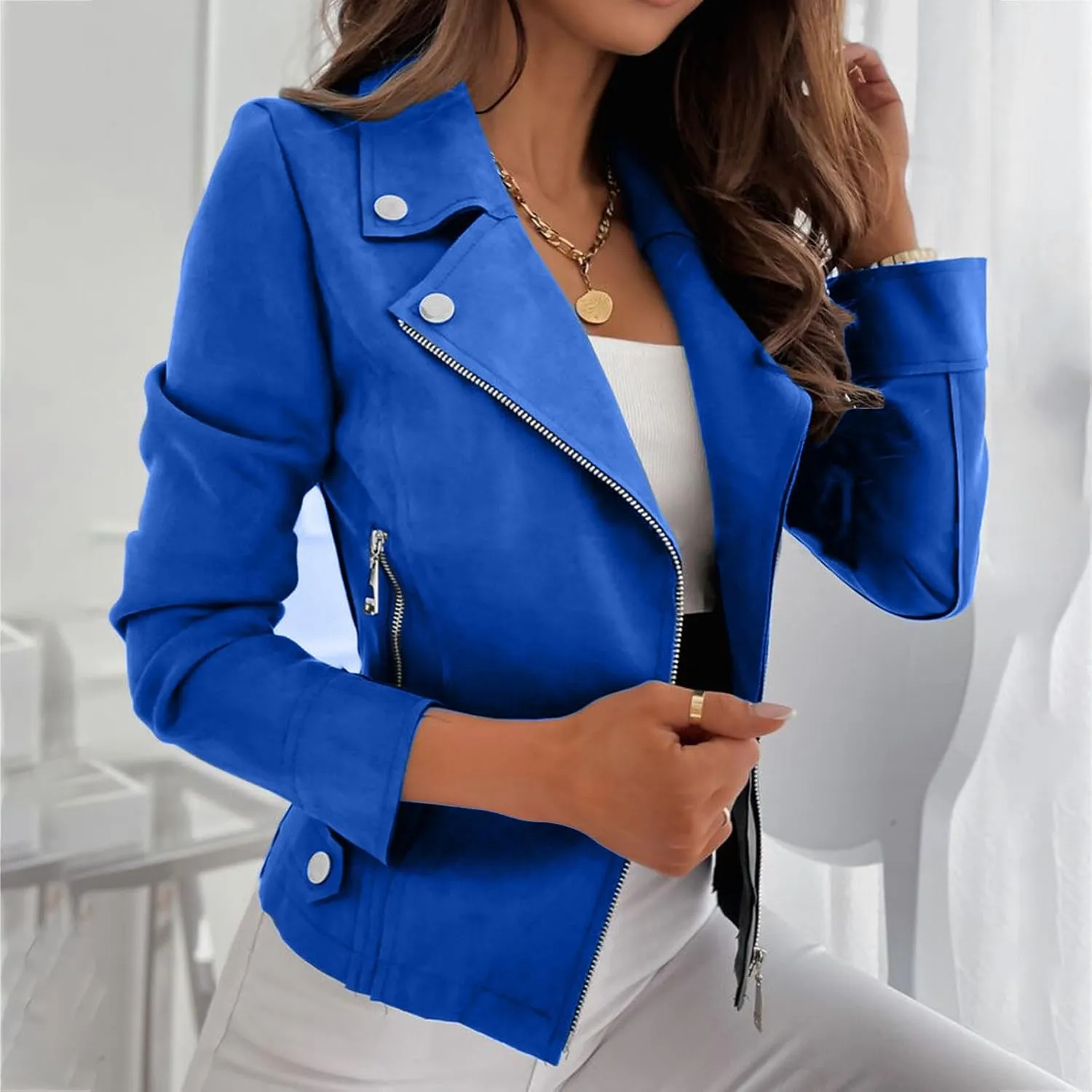 Womens Fashion Fall Outfits Moto Biker Coat Motorcycle Jackets Business Blazers Jackets Slim Fit Long Sleeve Jackets