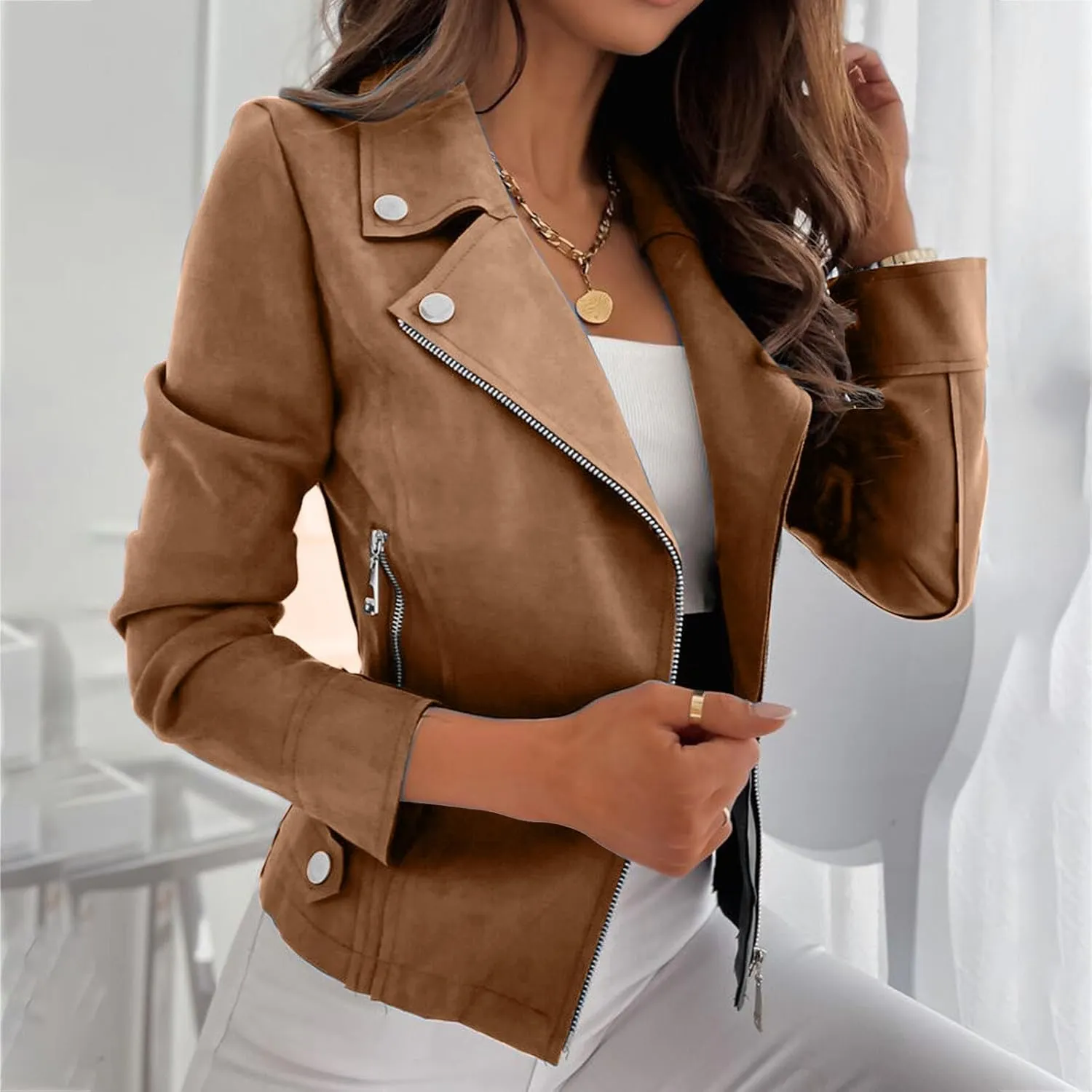 Womens Fashion Fall Outfits Moto Biker Coat Motorcycle Jackets Business Blazers Jackets Slim Fit Long Sleeve Jackets