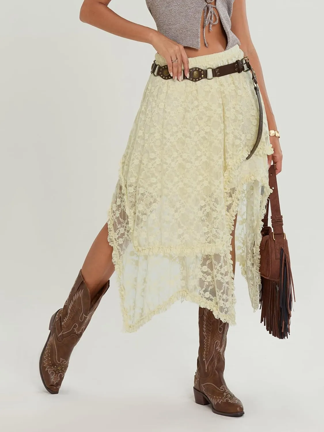 Women's Fashion Midi Skirts Lace Irregular Hem Low Waist Skirts Summer Fashion Casual Skirts