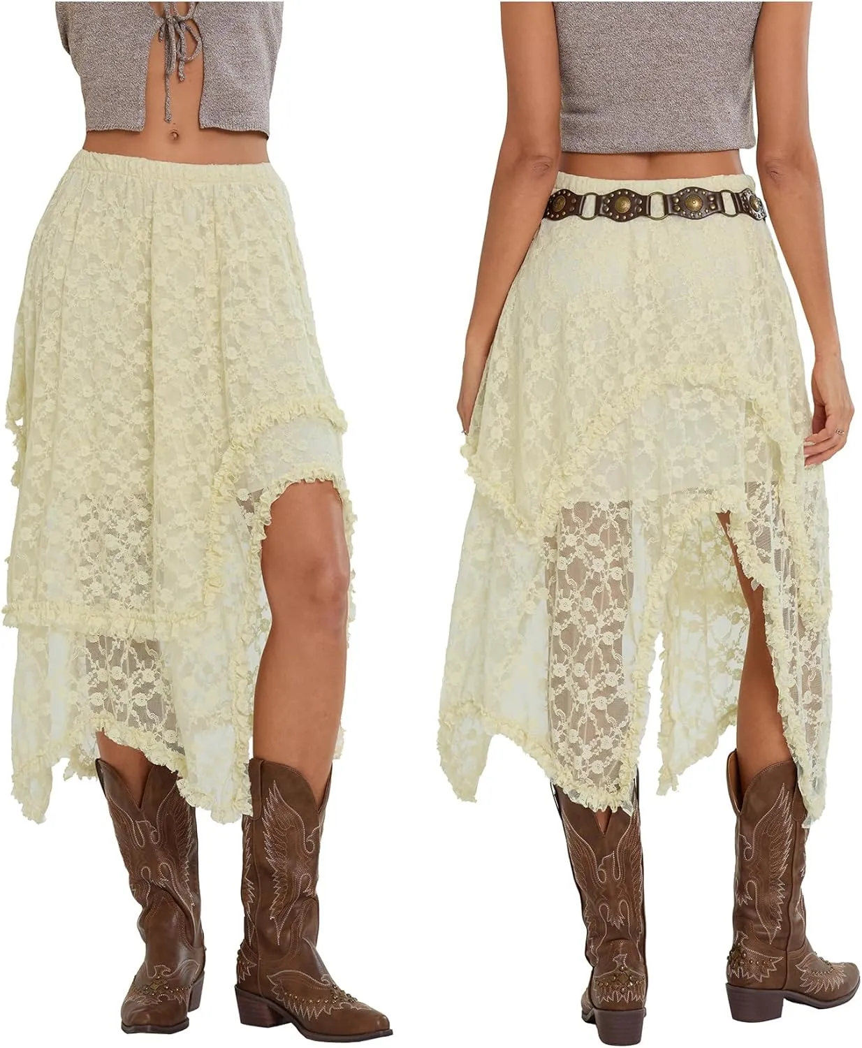 Women's Fashion Midi Skirts Lace Irregular Hem Low Waist Skirts Summer Fashion Casual Skirts