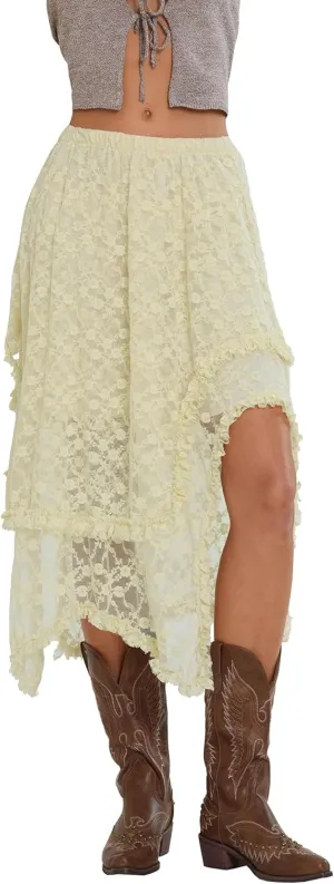 Women's Fashion Midi Skirts Lace Irregular Hem Low Waist Skirts Summer Fashion Casual Skirts
