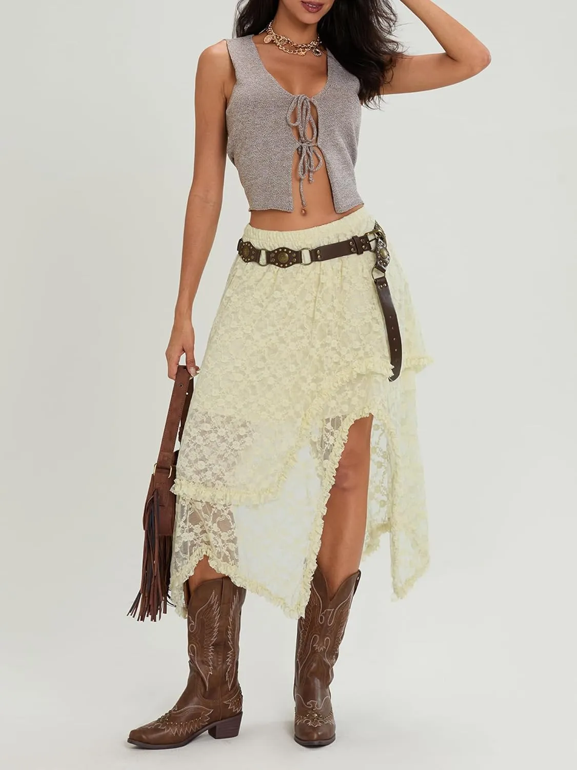 Women's Fashion Midi Skirts Lace Irregular Hem Low Waist Skirts Summer Fashion Casual Skirts