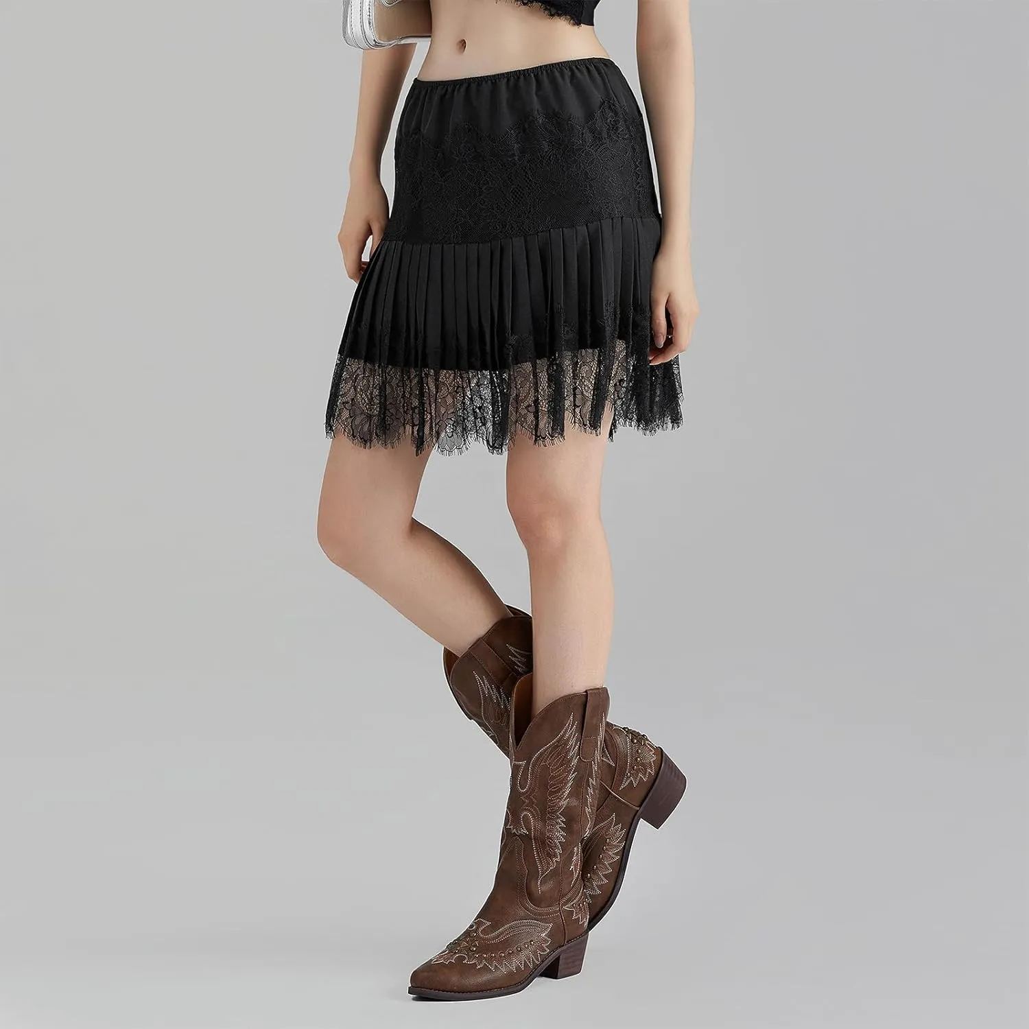 Women's Fashion Mini Skirts Mid-Rise Pleated Lace Skirts Spring Summer Casual Short Skirts