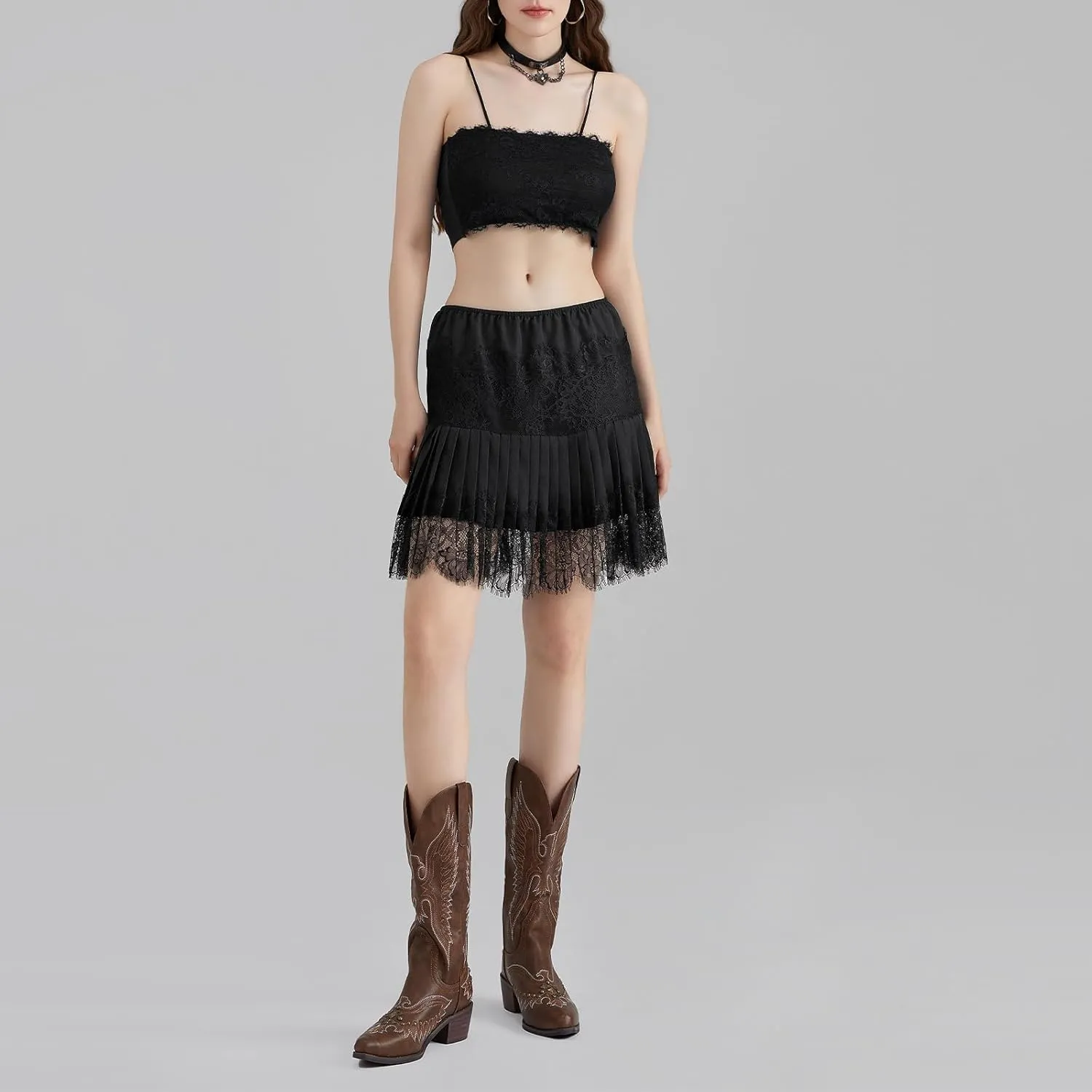 Women's Fashion Mini Skirts Mid-Rise Pleated Lace Skirts Spring Summer Casual Short Skirts