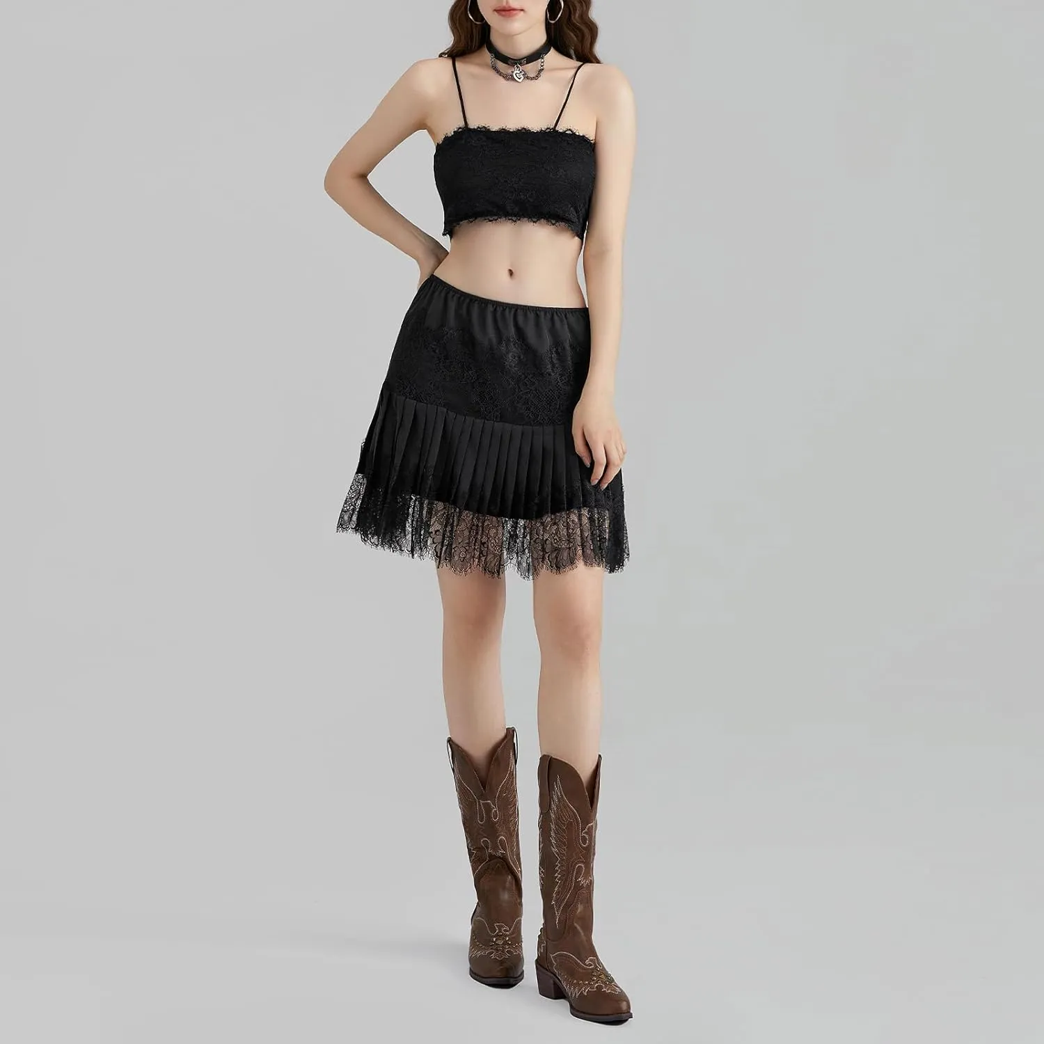 Women's Fashion Mini Skirts Mid-Rise Pleated Lace Skirts Spring Summer Casual Short Skirts
