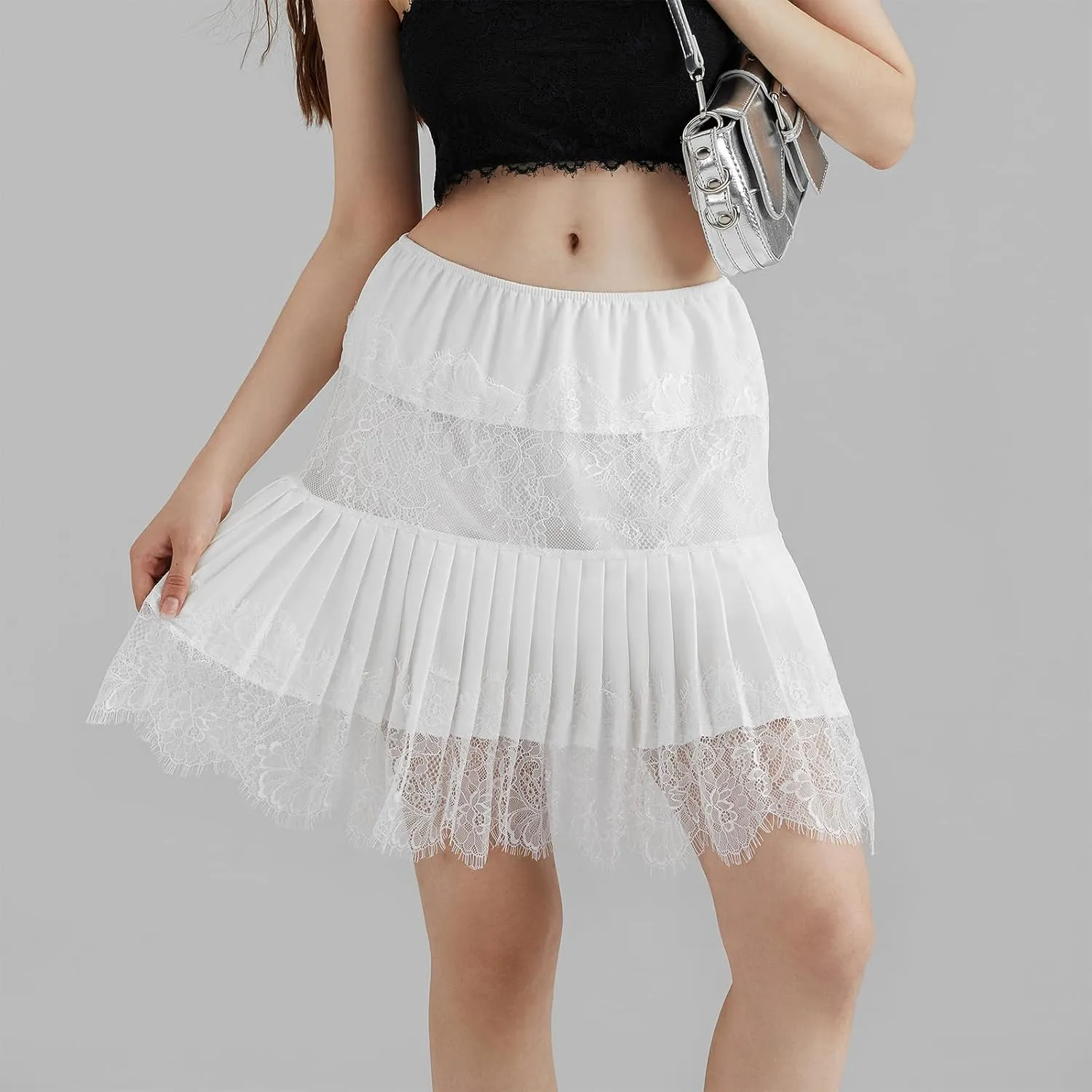 Women's Fashion Mini Skirts Mid-Rise Pleated Lace Skirts Spring Summer Casual Short Skirts