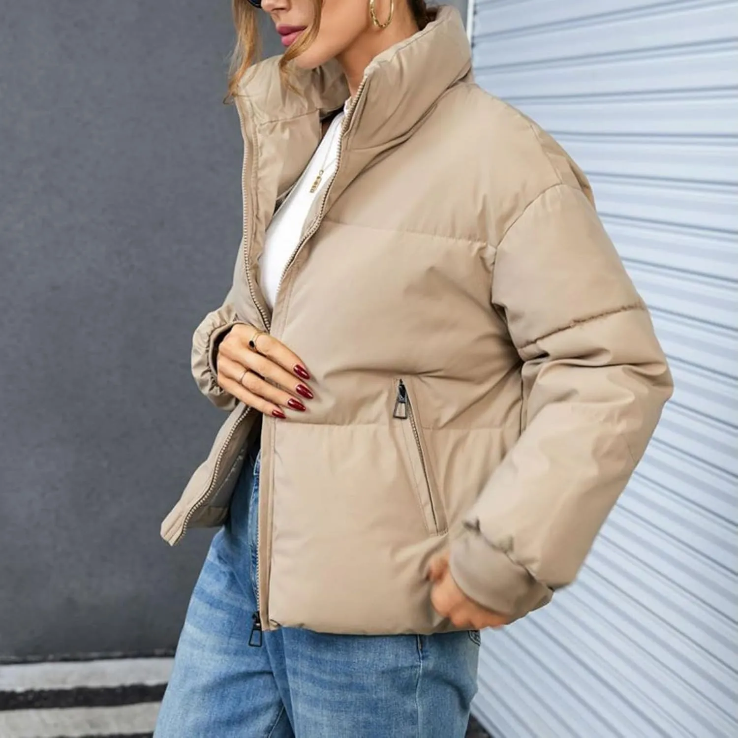 Womens Fashion Zip Cropped Quilted Puffer Coat Long Sleeve Pockets Down Coat Casual Warm Slim Outwear Winter Clothes