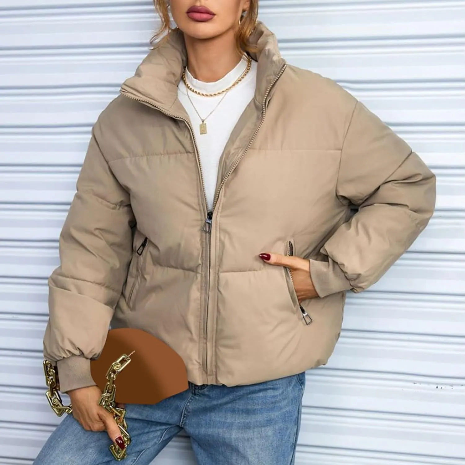 Womens Fashion Zip Cropped Quilted Puffer Coat Long Sleeve Pockets Down Coat Casual Warm Slim Outwear Winter Clothes