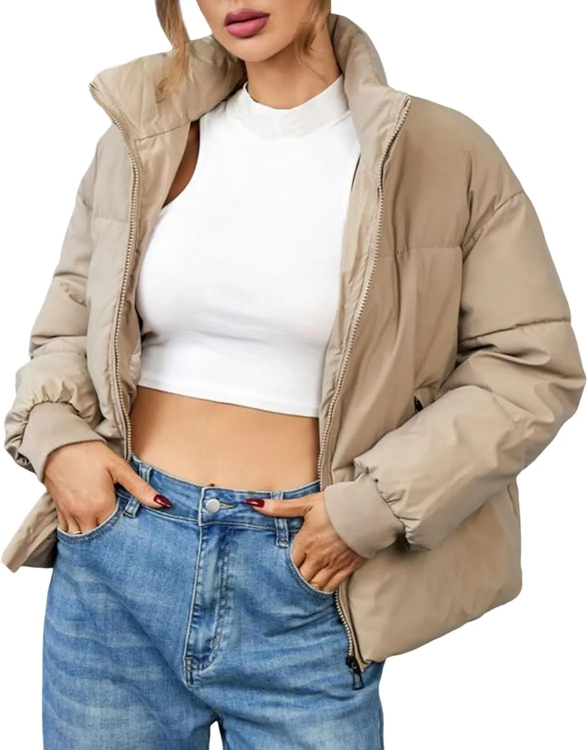 Womens Fashion Zip Cropped Quilted Puffer Coat Long Sleeve Pockets Down Coat Casual Warm Slim Outwear Winter Clothes