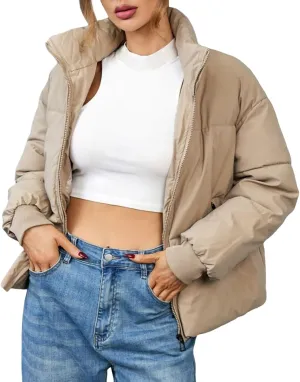 Womens Fashion Zip Cropped Quilted Puffer Coat Long Sleeve Pockets Down Coat Casual Warm Slim Outwear Winter Clothes