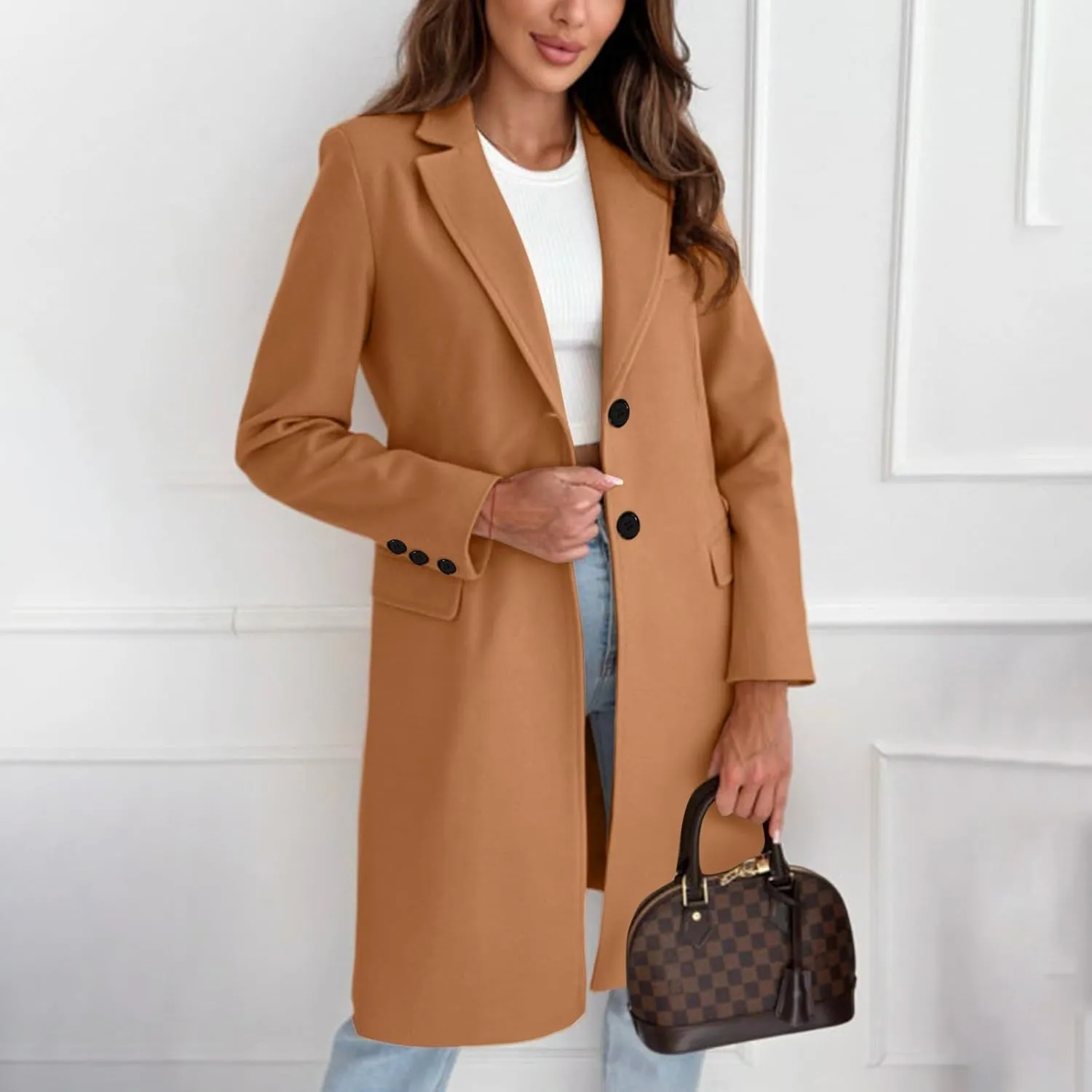 Womens Fit Mid Long Double Breasted Coat Lapel Jacket Overcoat Outwear Trench Windbreaker Coat Women Long