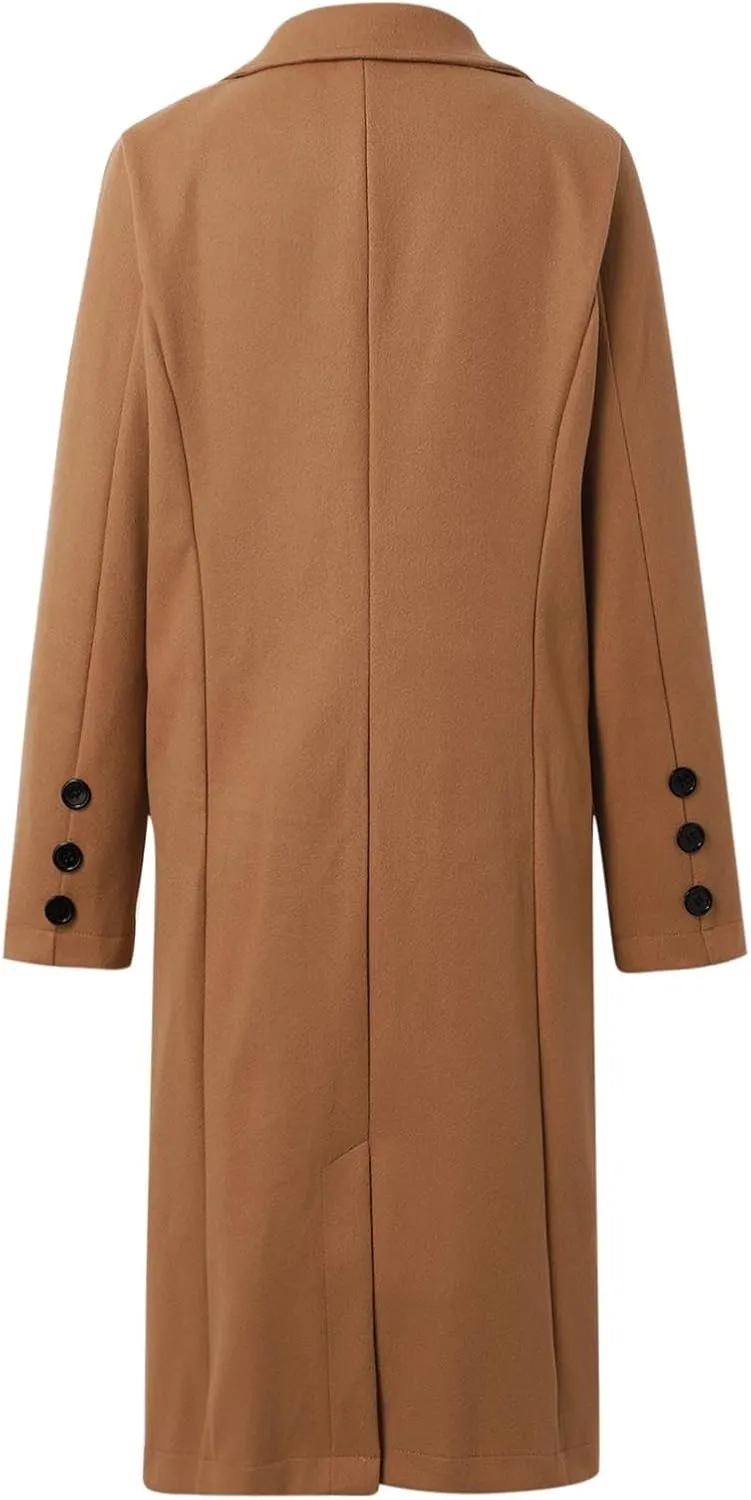 Womens Fit Mid Long Double Breasted Coat Lapel Jacket Overcoat Outwear Trench Windbreaker Coat Women Long
