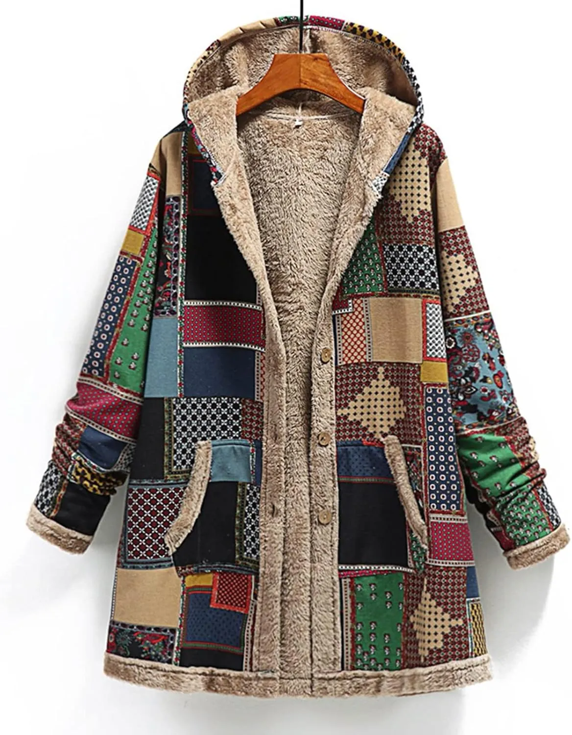 Women's Fleece Lined Hooded Jackets Fall Winter Coats Printing Vintage Parka Jacket Casual Thick Cotton Padded