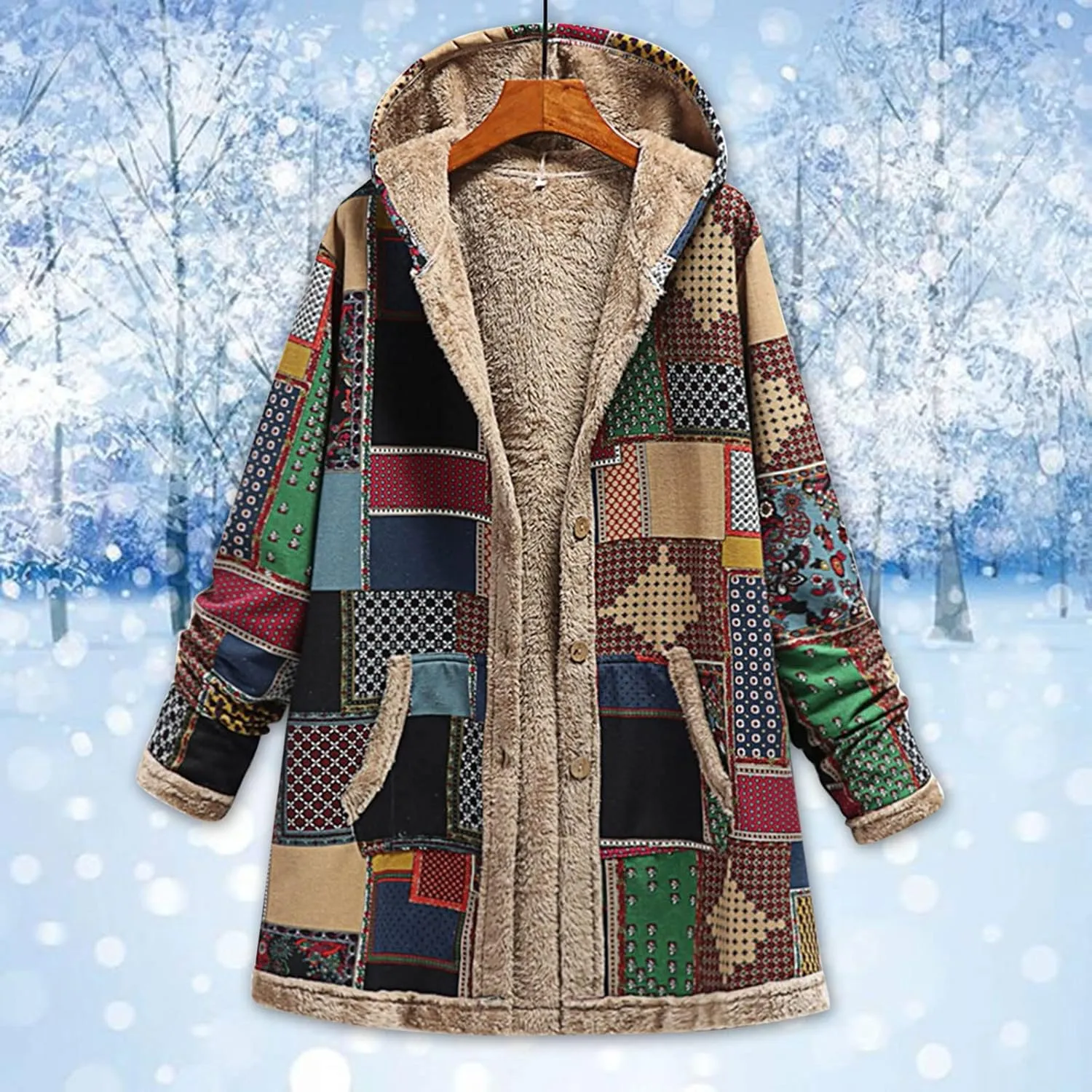 Women's Fleece Lined Hooded Jackets Fall Winter Coats Printing Vintage Parka Jacket Casual Thick Cotton Padded