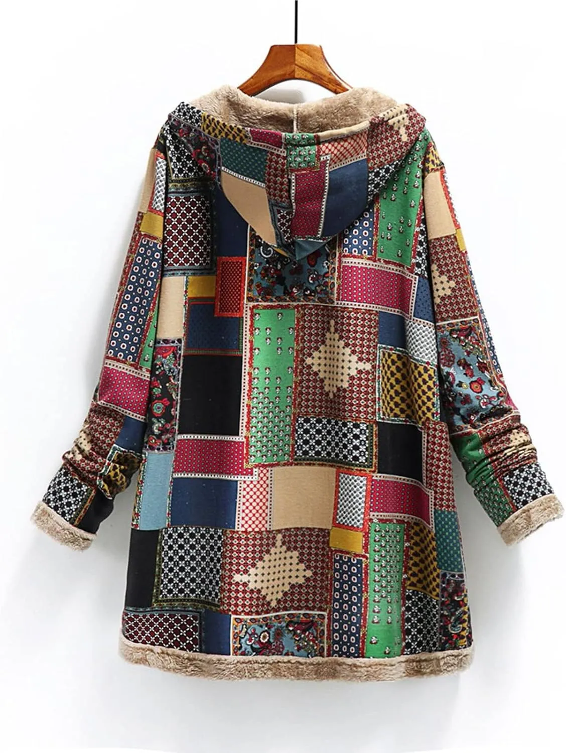 Women's Fleece Lined Hooded Jackets Fall Winter Coats Printing Vintage Parka Jacket Casual Thick Cotton Padded