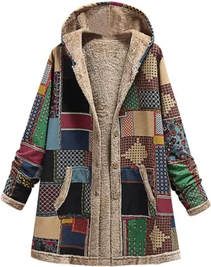 Women's Fleece Lined Hooded Jackets Fall Winter Coats Printing Vintage Parka Jacket Casual Thick Cotton Padded