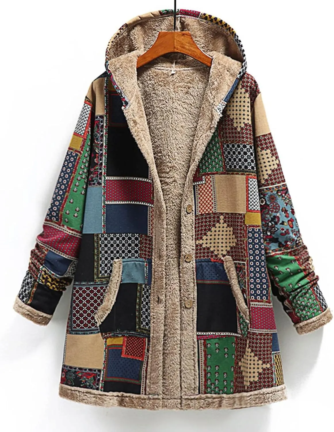 Women's Fleece Lined Hooded Jackets Fall Winter Coats Printing Vintage Parka Jacket Casual Thick Cotton Padded