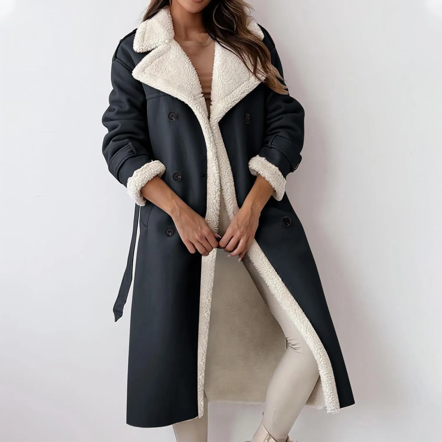 Women's Fleece Lined Overcoat Trendy Long Coats Sherpa Parka Jacket Warm Tops Sweater Plush Outerwear