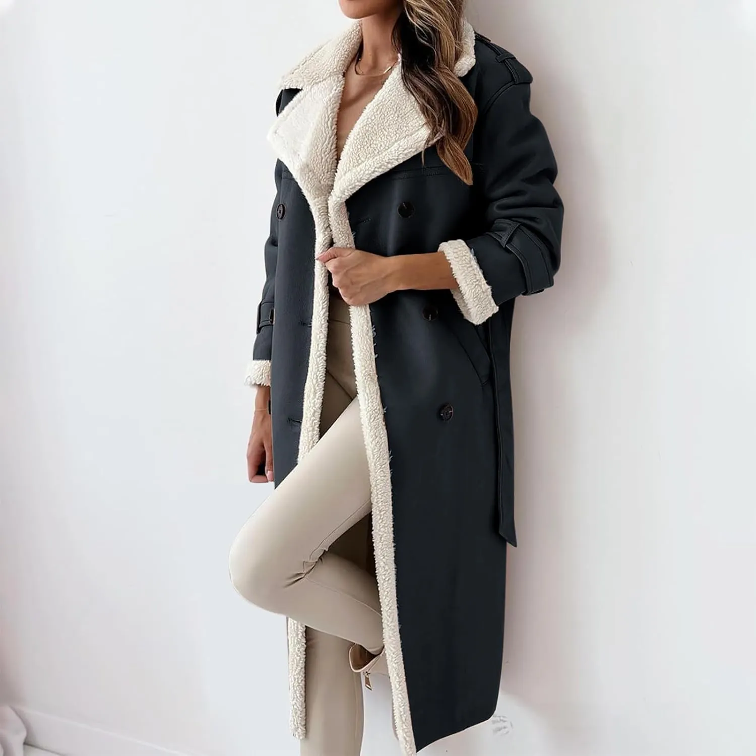 Women's Fleece Lined Overcoat Trendy Long Coats Sherpa Parka Jacket Warm Tops Sweater Plush Outerwear
