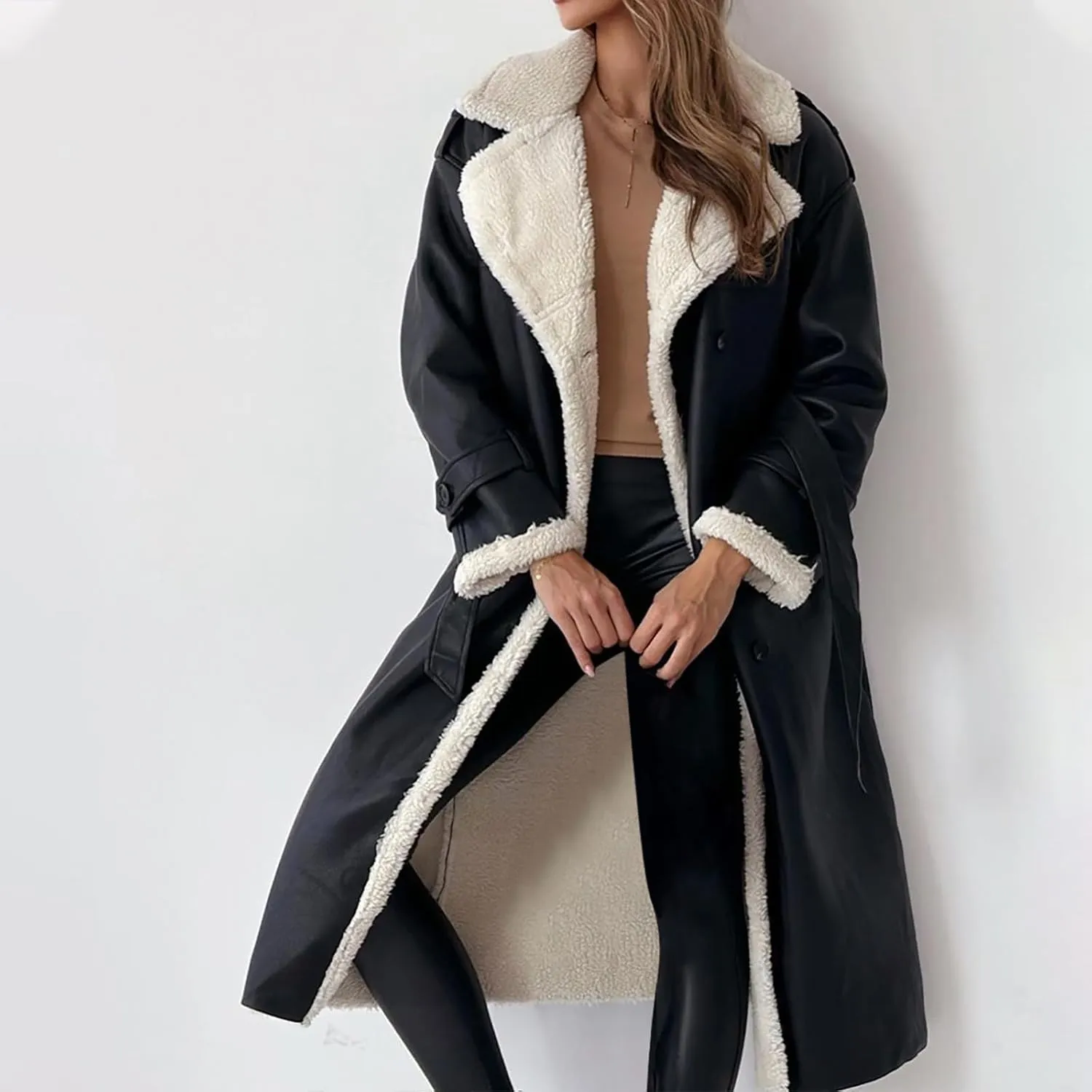 Women's Fleece Lined Overcoat Trendy Long Coats Sherpa Parka Jacket Warm Tops Sweater Plush Outerwear