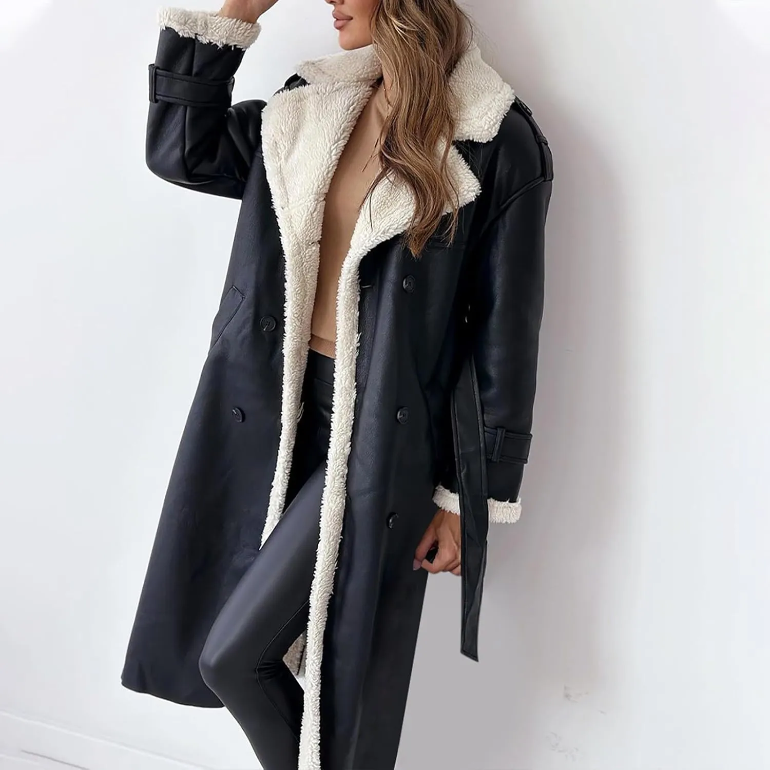 Women's Fleece Lined Overcoat Trendy Long Coats Sherpa Parka Jacket Warm Tops Sweater Plush Outerwear