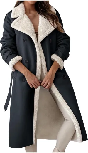 Women's Fleece Lined Overcoat Trendy Long Coats Sherpa Parka Jacket Warm Tops Sweater Plush Outerwear