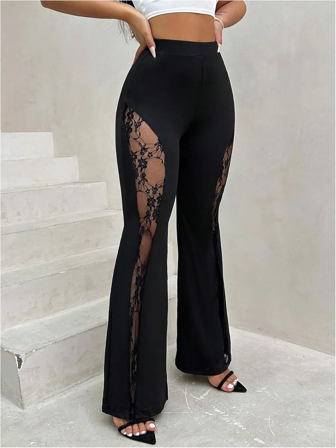 Women's Floral Lace Flare Pants See Through High Waisted Bell Bottoms Trousers Streetwear