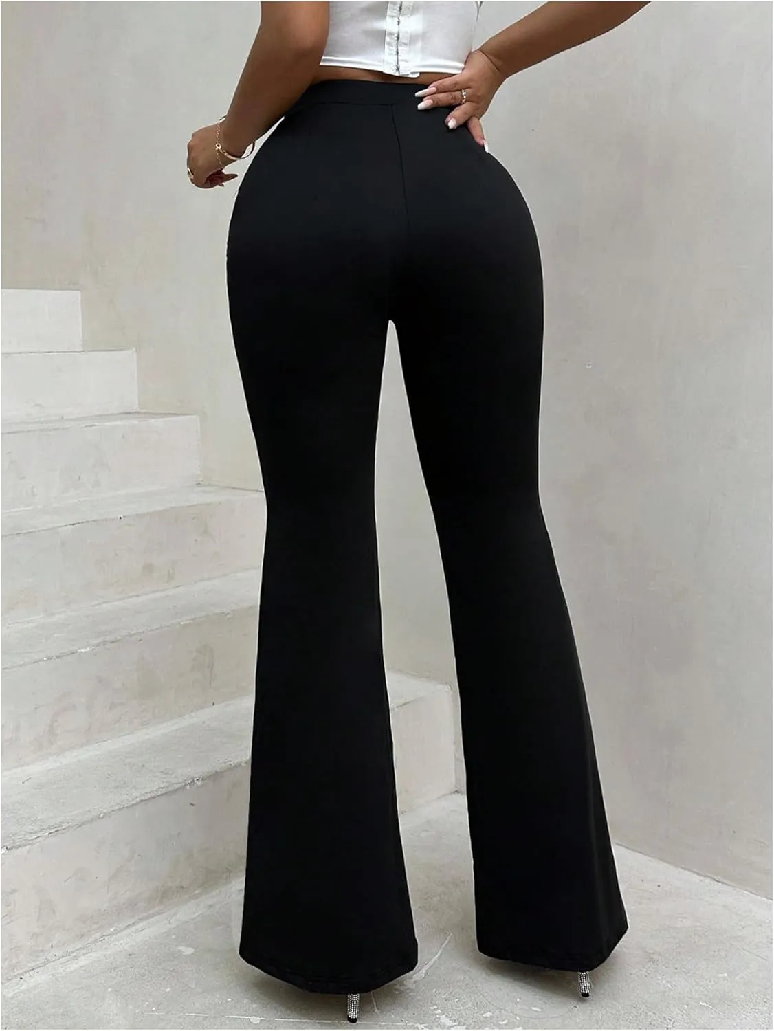Women's Floral Lace Flare Pants See Through High Waisted Bell Bottoms Trousers Streetwear