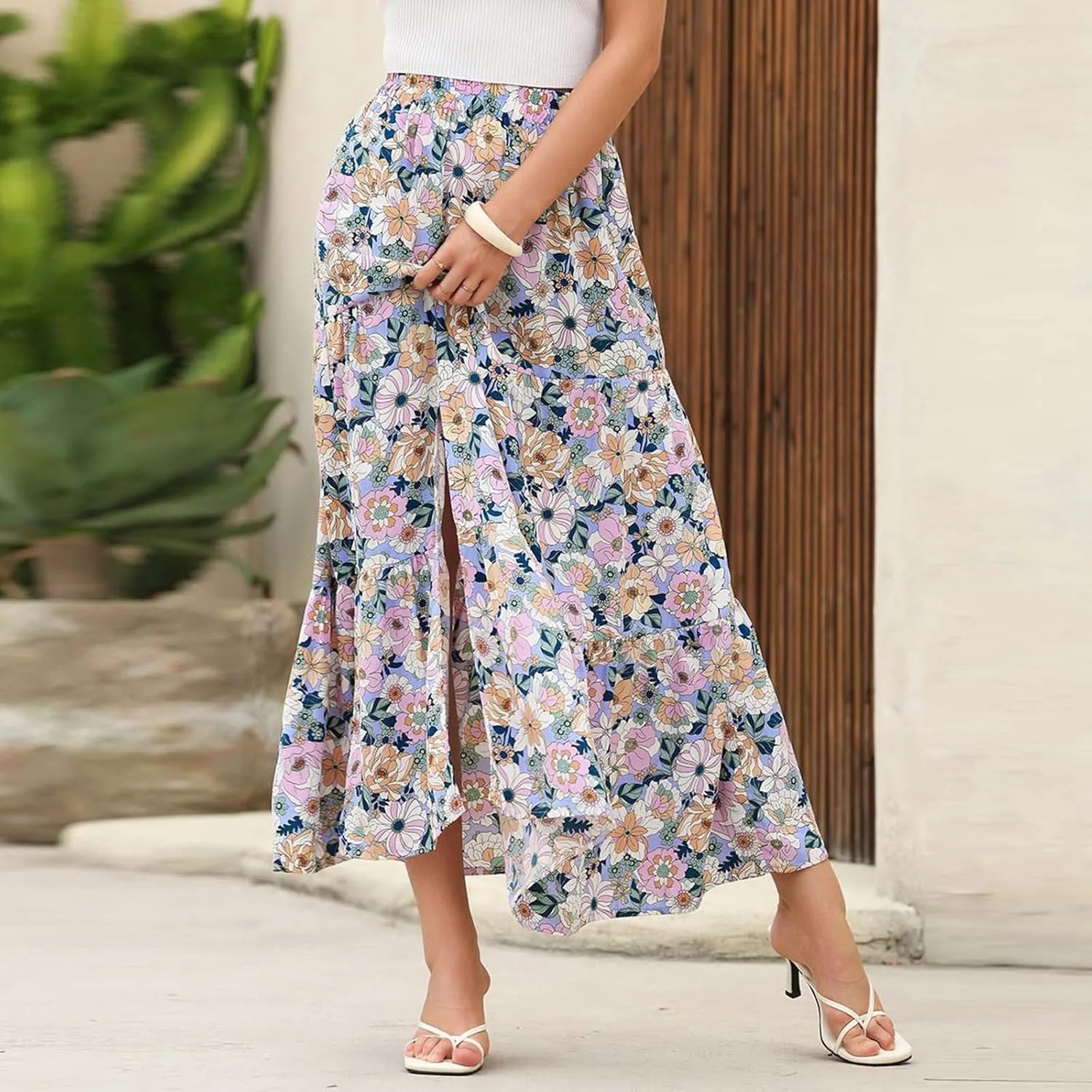 Women's Floral Long Skirts Split Summer Skirts Elastic Waist Flowy Maxi Skirt A Line Beach Skirts Boho Casual Skirts