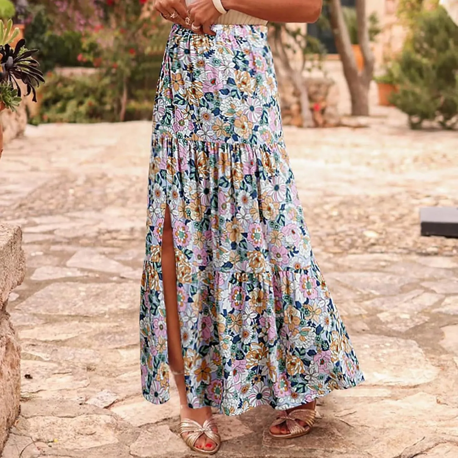 Women's Floral Long Skirts Split Summer Skirts Elastic Waist Flowy Maxi Skirt A Line Beach Skirts Boho Casual Skirts