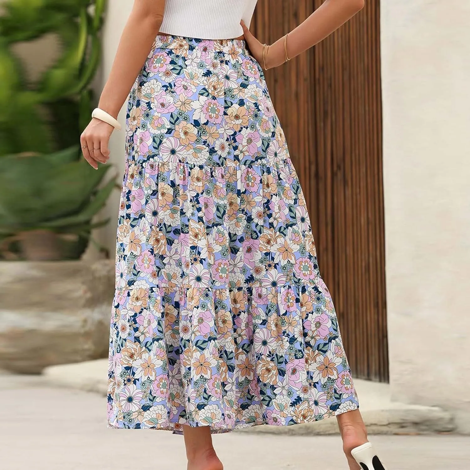 Women's Floral Long Skirts Split Summer Skirts Elastic Waist Flowy Maxi Skirt A Line Beach Skirts Boho Casual Skirts