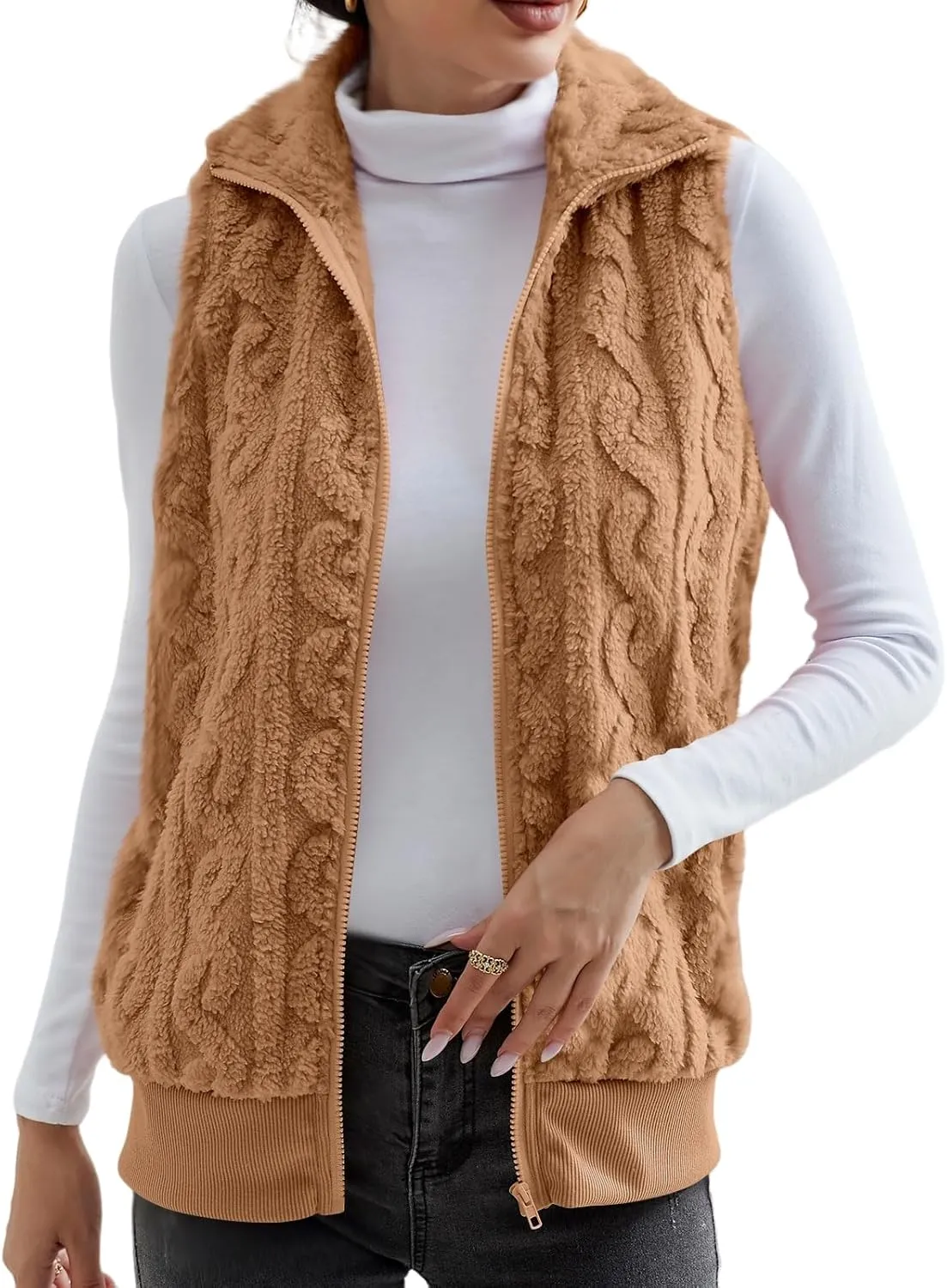 Womens Fuzzy Sherpa Fleece Jacket Lightweight Warm Vest Cozy Sleeveless Cardigan Zip Up Waistcoat Outwear with Pockets