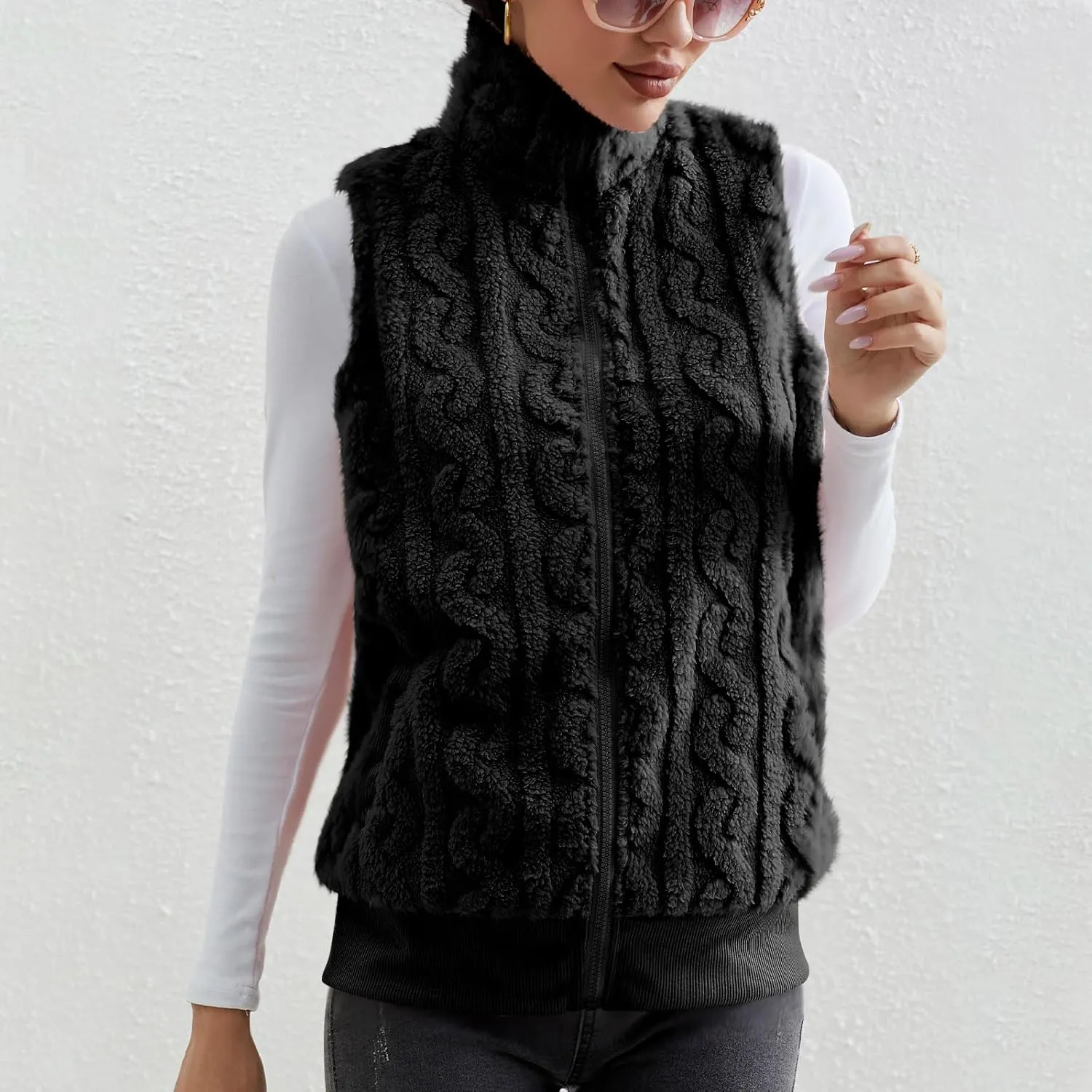 Womens Fuzzy Sherpa Fleece Jacket Lightweight Warm Vest Cozy Sleeveless Cardigan Zip Up Waistcoat Outwear with Pockets