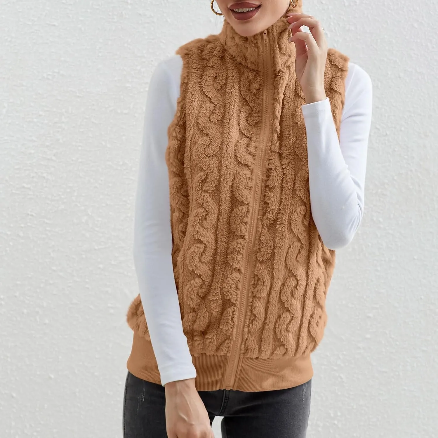 Womens Fuzzy Sherpa Fleece Jacket Lightweight Warm Vest Cozy Sleeveless Cardigan Zip Up Waistcoat Outwear with Pockets