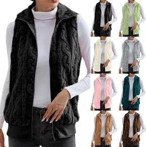 Womens Fuzzy Sherpa Fleece Jacket Lightweight Warm Vest Cozy Sleeveless Cardigan Zip Up Waistcoat Outwear with Pockets