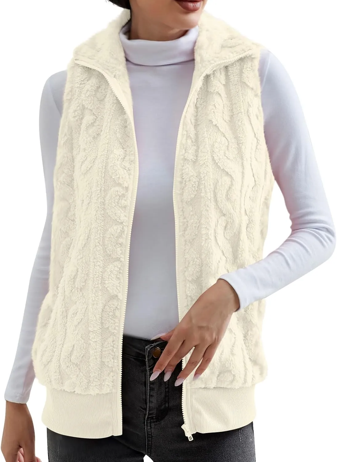 Womens Fuzzy Sherpa Fleece Jacket Lightweight Warm Vest Cozy Sleeveless Cardigan Zip Up Waistcoat Outwear with Pockets