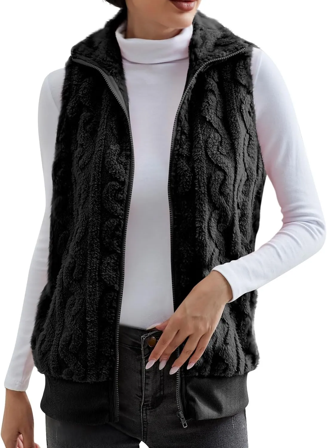 Womens Fuzzy Sherpa Fleece Jacket Lightweight Warm Vest Cozy Sleeveless Cardigan Zip Up Waistcoat Outwear with Pockets