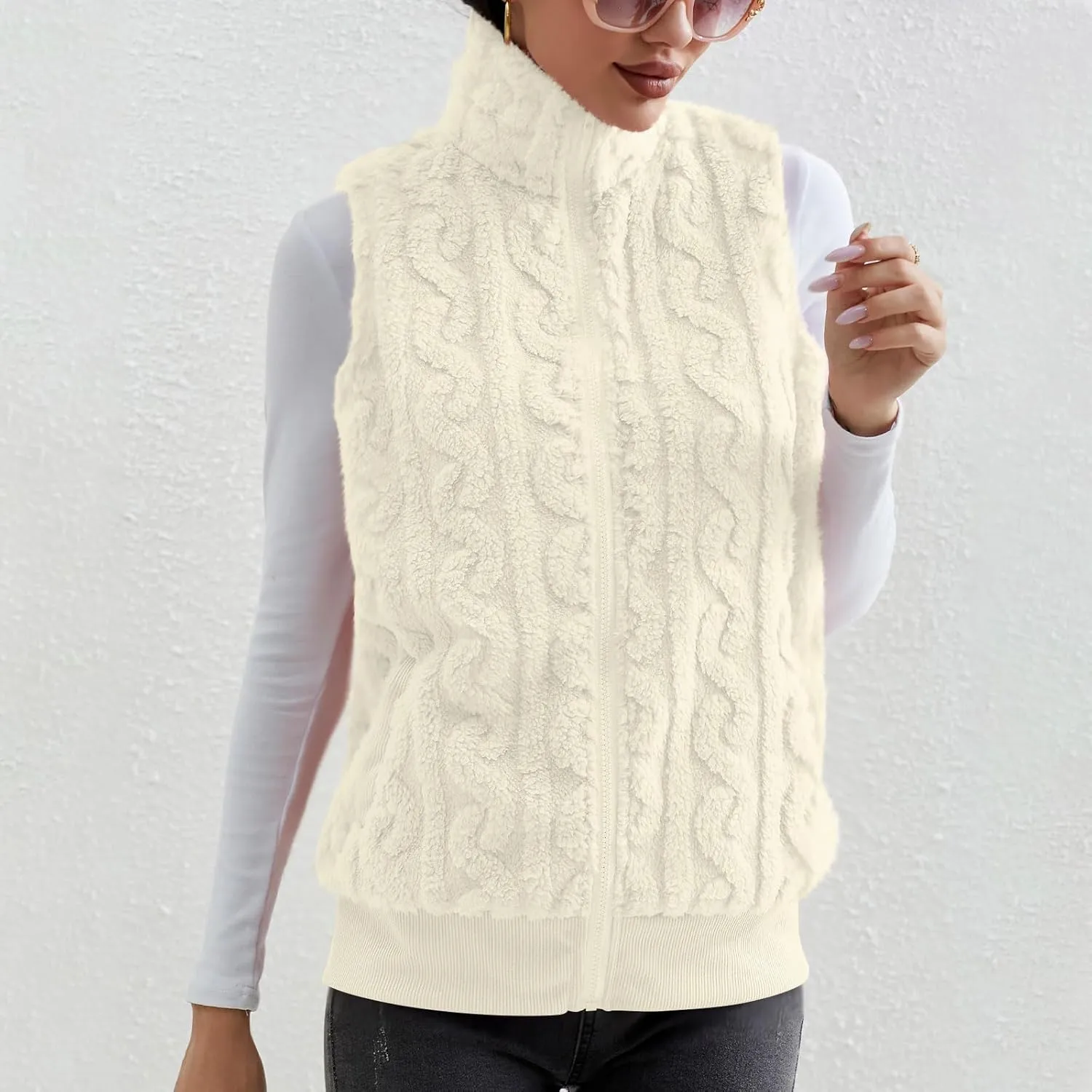 Womens Fuzzy Sherpa Fleece Jacket Lightweight Warm Vest Cozy Sleeveless Cardigan Zip Up Waistcoat Outwear with Pockets