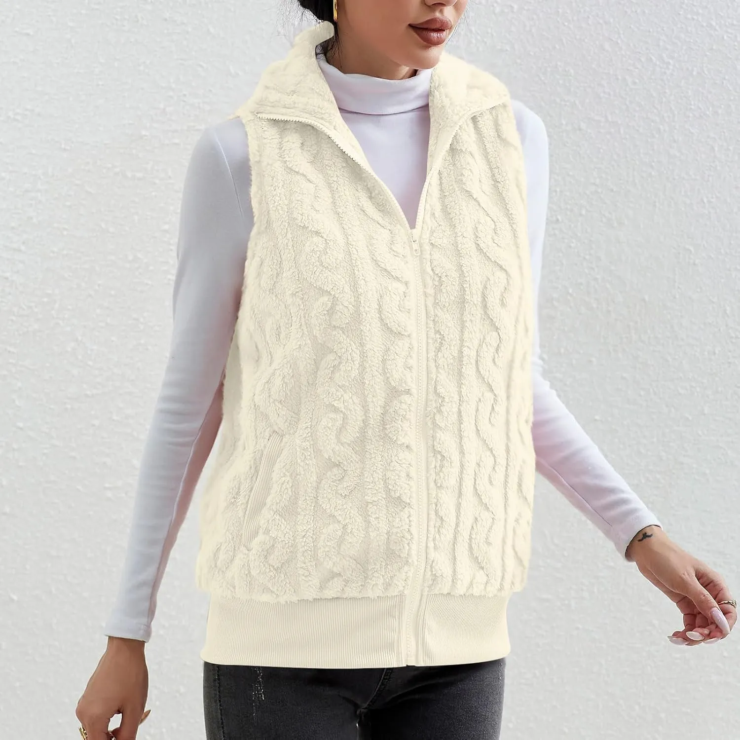 Womens Fuzzy Sherpa Fleece Jacket Lightweight Warm Vest Cozy Sleeveless Cardigan Zip Up Waistcoat Outwear with Pockets
