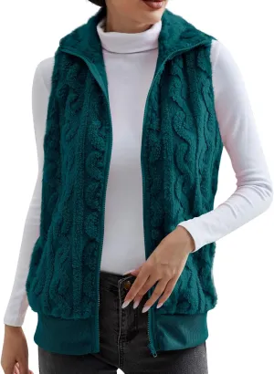 Womens Fuzzy Sherpa Fleece Jacket Lightweight Warm Vest Cozy Sleeveless Cardigan Zip Up Waistcoat Outwear with Pockets