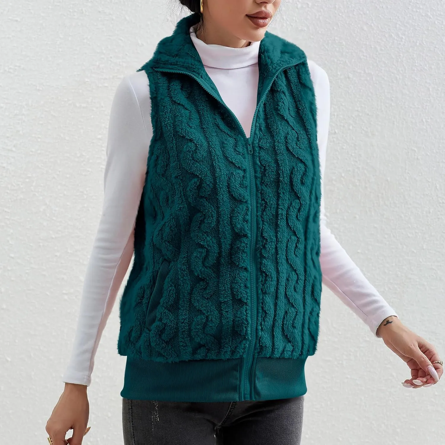 Womens Fuzzy Sherpa Fleece Jacket Lightweight Warm Vest Cozy Sleeveless Cardigan Zip Up Waistcoat Outwear with Pockets