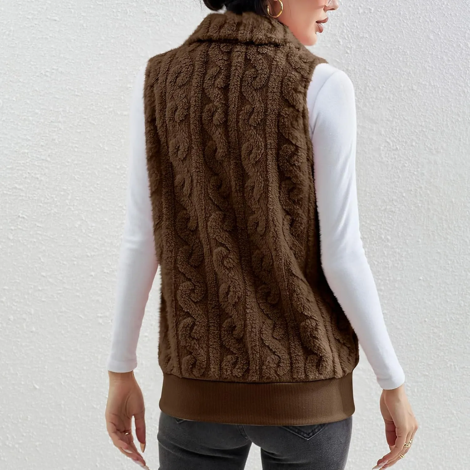Womens Fuzzy Sherpa Fleece Jacket Lightweight Warm Vest Cozy Sleeveless Cardigan Zip Up Waistcoat Outwear with Pockets