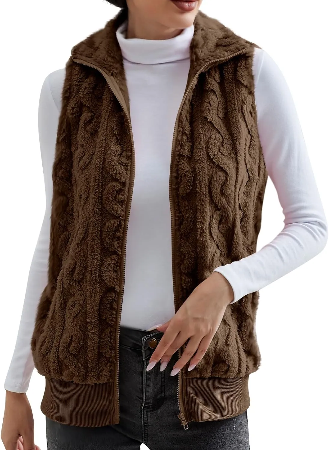 Womens Fuzzy Sherpa Fleece Jacket Lightweight Warm Vest Cozy Sleeveless Cardigan Zip Up Waistcoat Outwear with Pockets