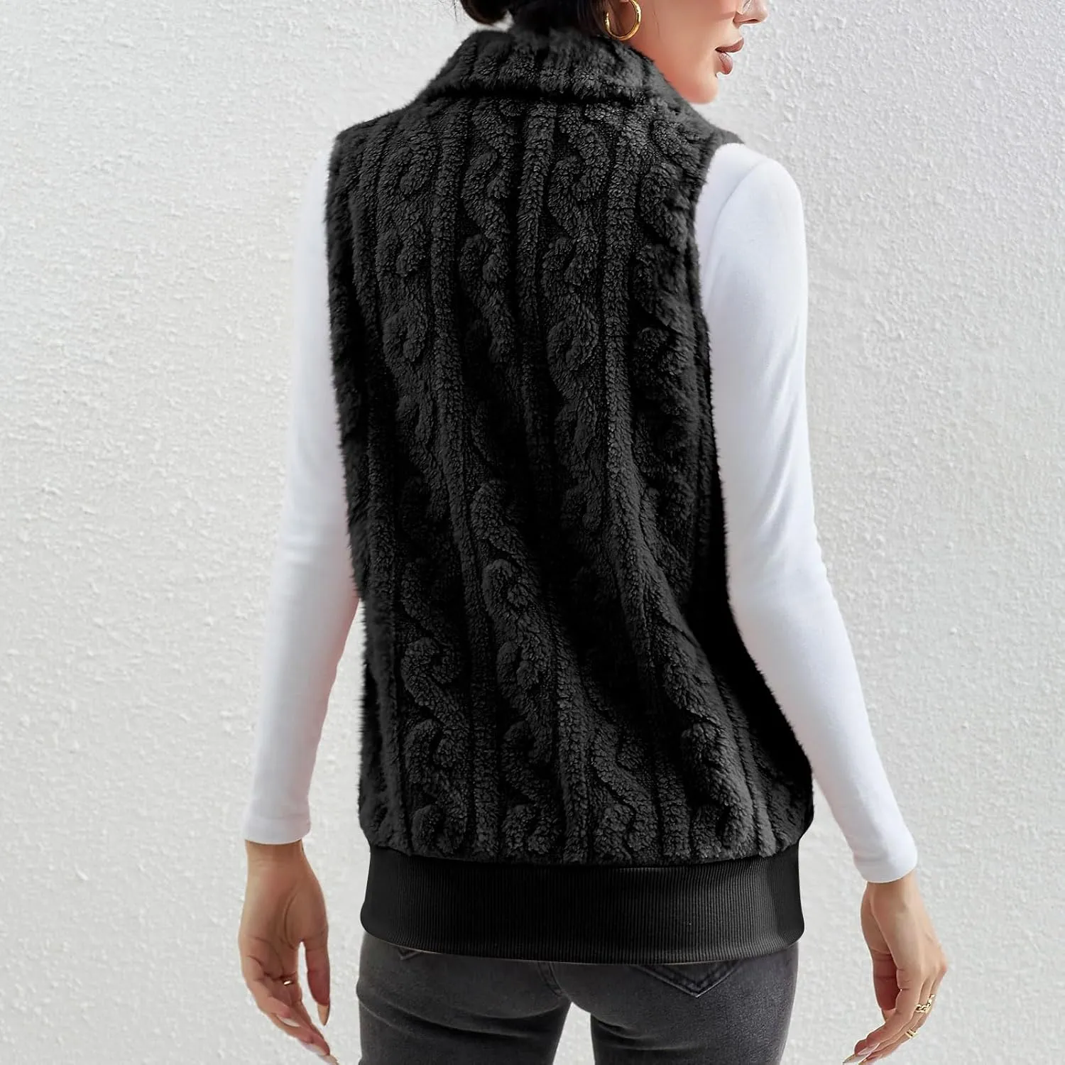Womens Fuzzy Sherpa Fleece Jacket Lightweight Warm Vest Cozy Sleeveless Cardigan Zip Up Waistcoat Outwear with Pockets