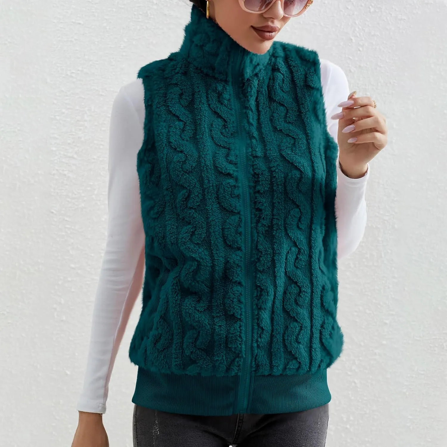 Womens Fuzzy Sherpa Fleece Jacket Lightweight Warm Vest Cozy Sleeveless Cardigan Zip Up Waistcoat Outwear with Pockets