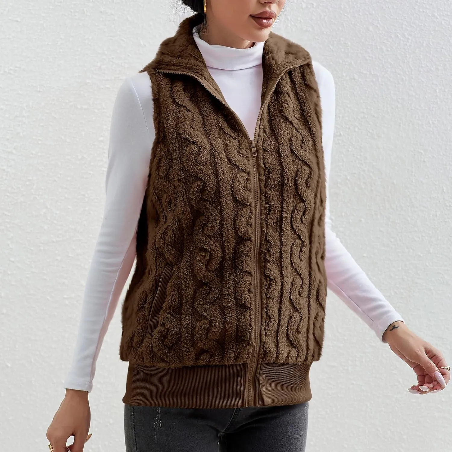 Womens Fuzzy Sherpa Fleece Jacket Lightweight Warm Vest Cozy Sleeveless Cardigan Zip Up Waistcoat Outwear with Pockets